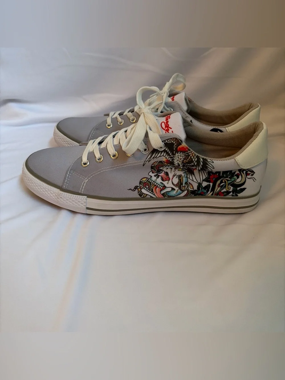Ed Hardy Men’s Light Gray Canvas Sneakers with Red Logo